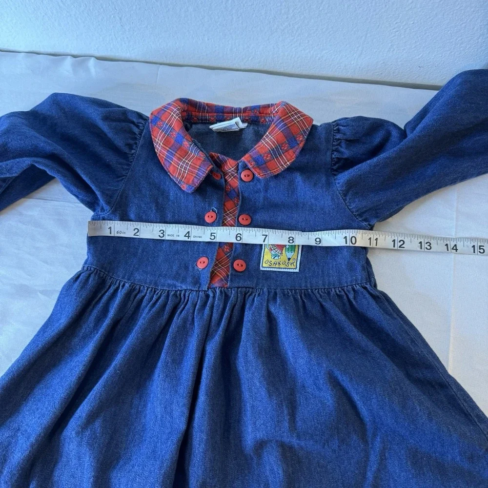 Vintage Oshkosh Denim Red Plaid‎ Collar Button Up Dress Girls 2T Christmas Party